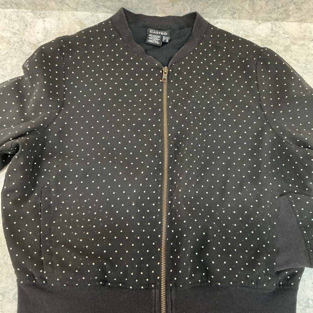 Castro Bomber Jacket Size 10 Black White Polka Dot Sheer Lined Zip‎ Ribbed Trim